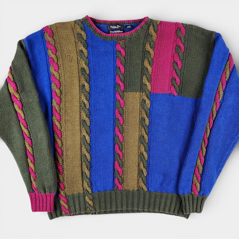 Vintage Christian Dior Monsieur Sweater Mens Large Multi Cable Hand Knit Cotton